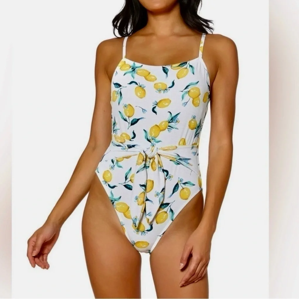 Brand New Jessica Simpson Lemons Printed Tie-Waist One-Piece Swimsuit Bra Cups